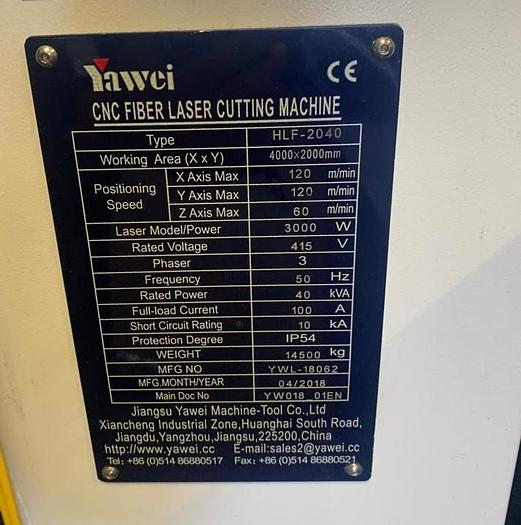 Used 2018 YAWEI HLF 2040 Fiber 3KW