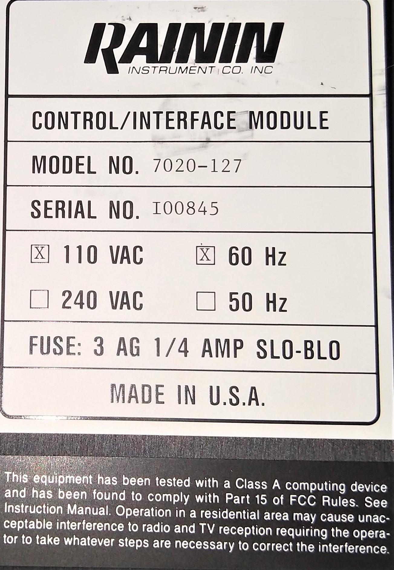 Used Rainin 7020-115 / 7020-127 Control Interface Module