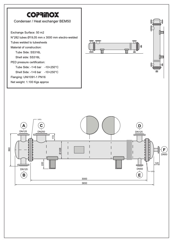 Scambiatore / Condensatore 50 m2 AISI316L, certificato PED