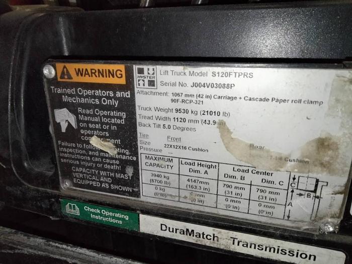 Used 12,000 POUND HYSTER MODEL S120FTPRS TRIPLE STAGE  ROLL CLAMP TRUCK-PENDING SALE