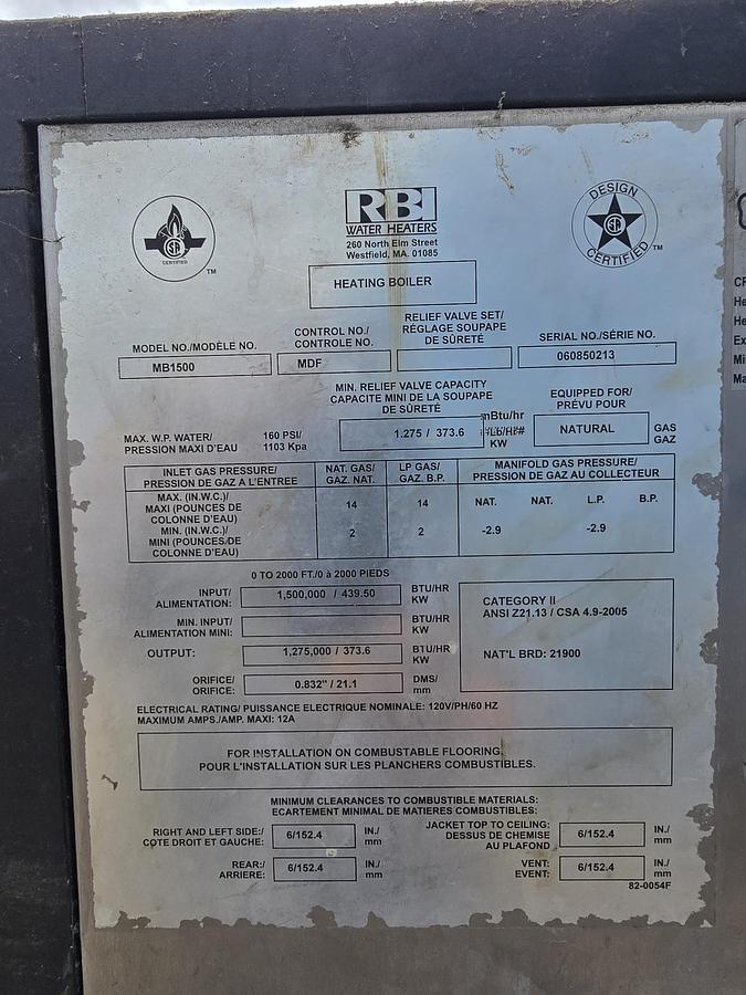 Used (ME-15) RBI HEATING BOILER - MODEL # MB 1500
