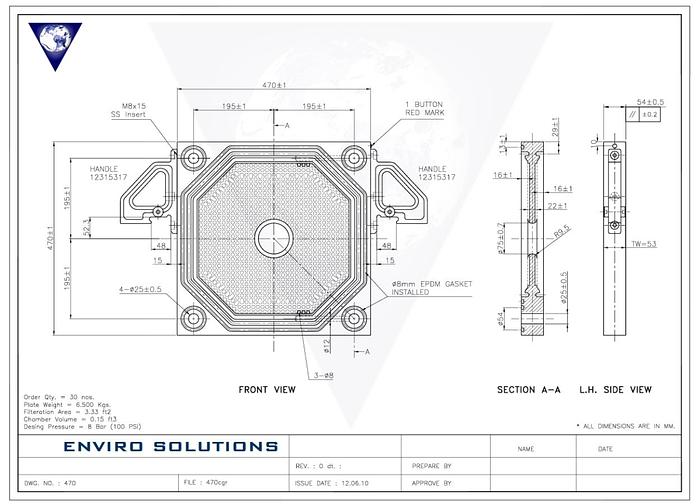 470mm Filter Press Plate; [CGR] Intermediate, 1B & 3B Configuration