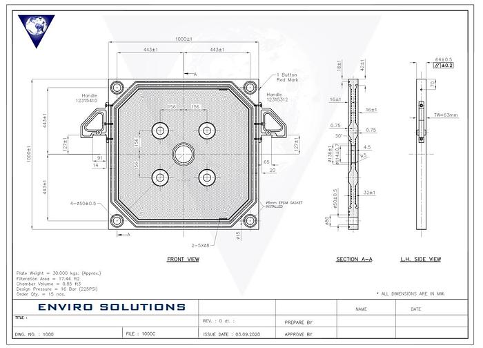 1000mm Filter Press Plate; [CGR] Intermediate, 1B & 3B Configuration