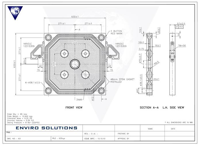630mm Filter Press Plate; [CGR] Intermediate, 1B & 3B Configuration