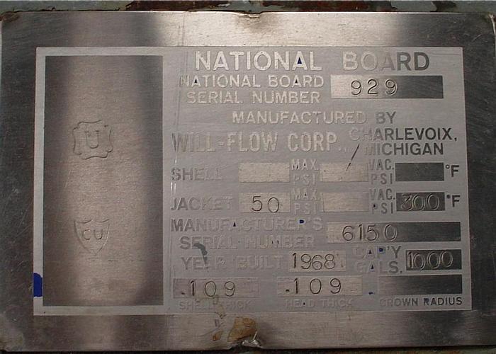 Used 1,000 GALLON WILL FLOW PRESSURE WALL PROCESSOR - S/S - JACKETED SIDE & BOTTOM