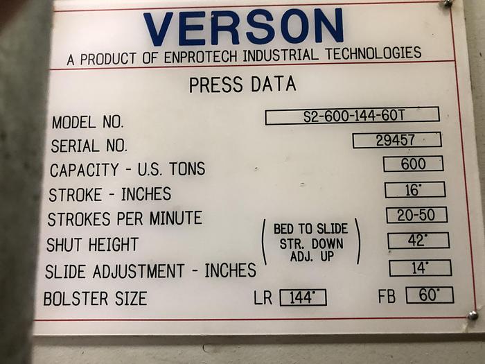 Used 600 ton Verson 144"x60" SSDC Stamping Press