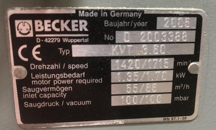 Used BECKER KVT 3.60, 3 HP ROTARY-VANE VACUUM PUMP