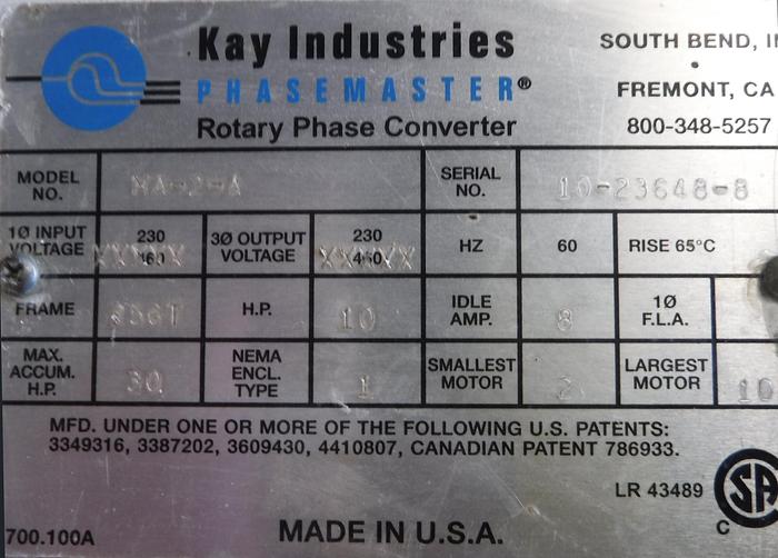 Used HIDDEN -- USED Phasemaster Automatic Rotary Phase Converter