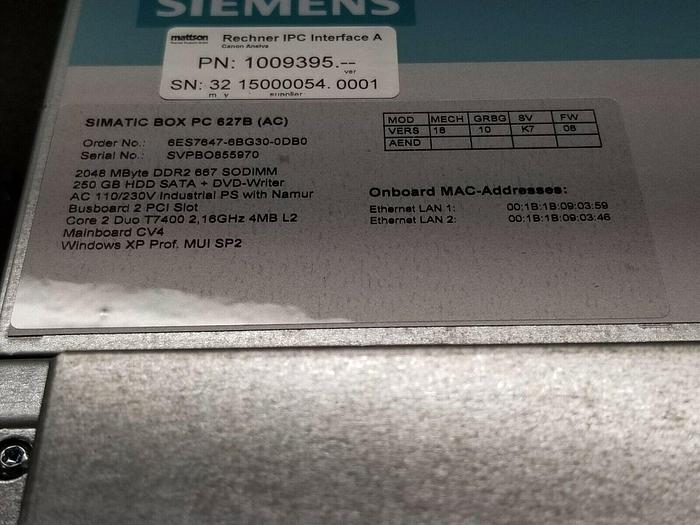 Siemens Simatic Box PC 627B6ES76476BG30-0DB0 w/Accessories