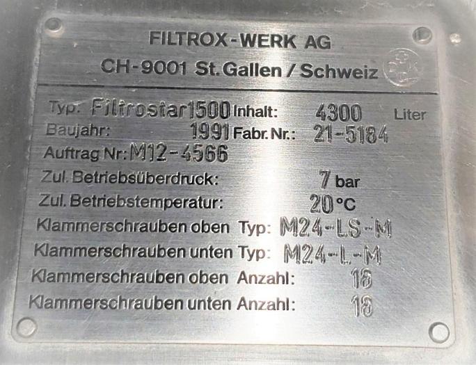 Used Filtrox FILTROstar 1500 Pressure Filter, Beer Filter #4454605