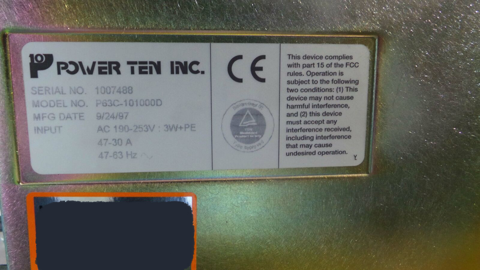 Used Power Ten Inc P63C-101000-D Power Supply, P63C-101000D / AC 190~253 V / 3W+PE / 47~30 Amps / 47~63Hz / Power Ten Inc