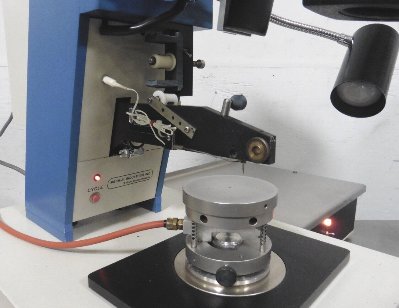 Used Mech-El 907 45° Feed Ultrasonic Wedge Wire Bonder w/ Heated Workholder