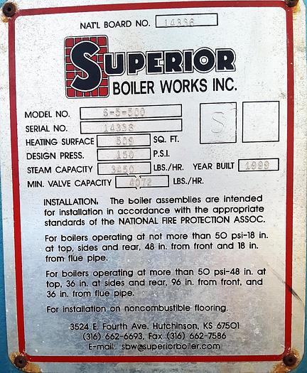 Used 1999 Superior boiler 6-5-500 100 HP 150 PSI buy or Rental boiler