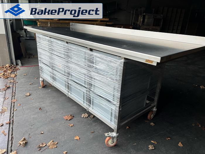 Used Work table stainless steel with plastic storage boxes