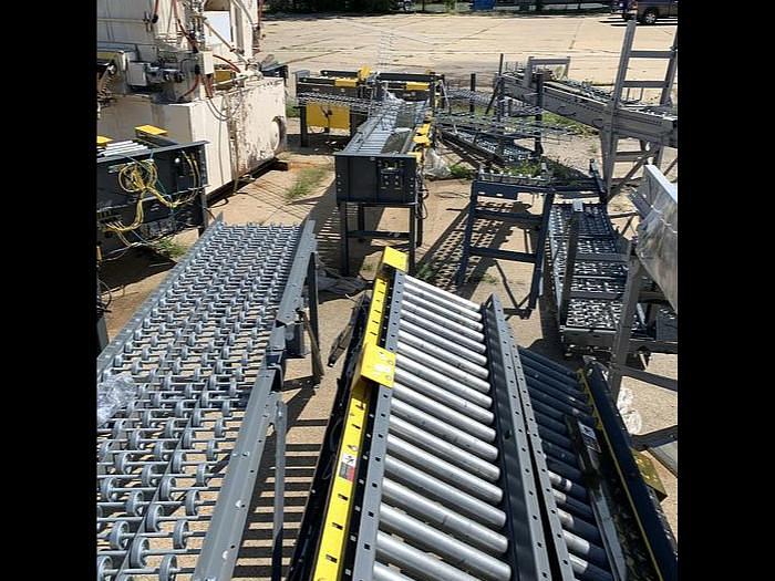 Used CONVEYOR SECTIONS, BALL, ROLLER, POWERED PLC CONTROLLED TRANSFER CONVEYOR,  SAFTEY FENCING