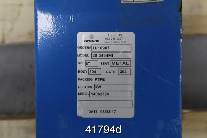 Used Orbinox  8" 20-3434mi  Hand Operated Knife Gate Valve #41794