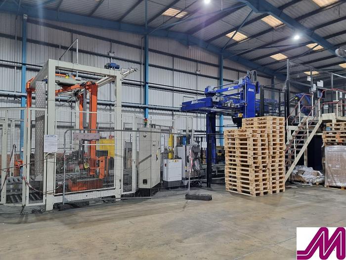 Used 2008 KHS Glass Bottle Palletiser with high level infeed conveyor Kuka KR40PA Robot & Robopac Helix Pallet Wrapper PBL1NRG1