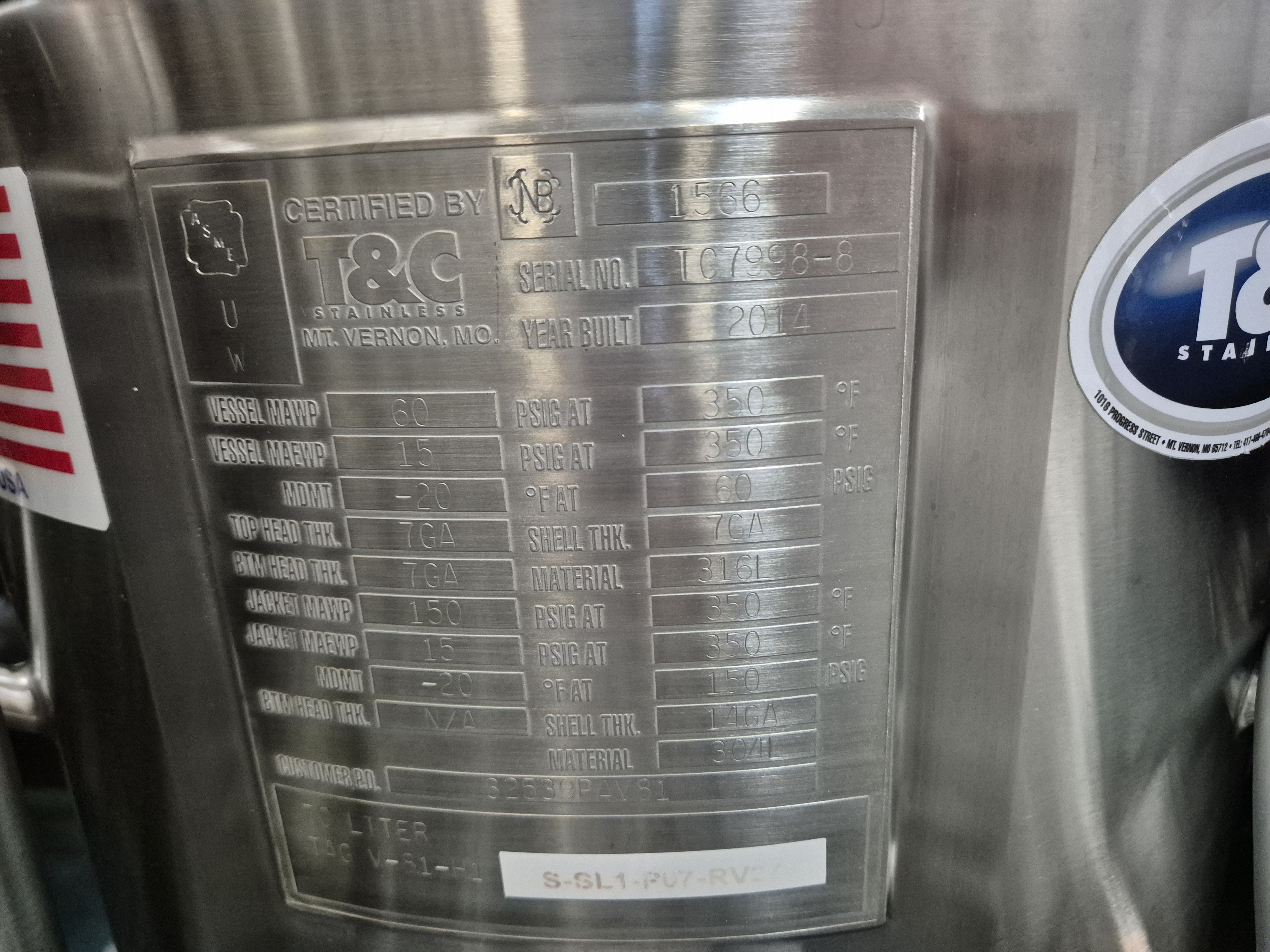 Used 2014 T&C Stainless 70 Litre Jacketed & Pressure Rated Transit Tank Pharmacutical Spec