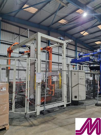 Used 2008 KHS Glass Bottle Palletiser with high level infeed conveyor Kuka KR40PA Robot & Robopac Helix Pallet Wrapper PBL1NRG1