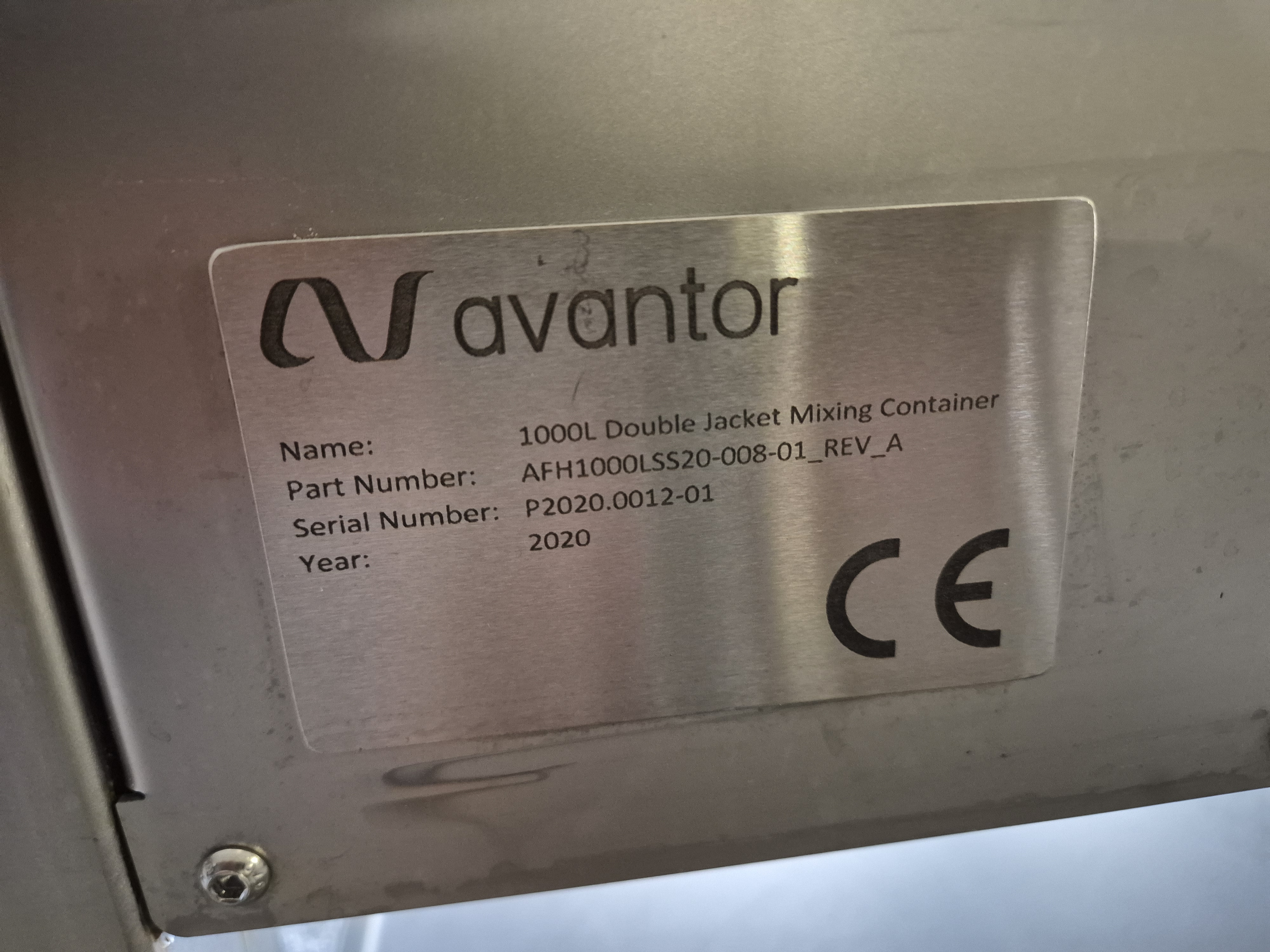 Used 2020 Avantor 1000 L Double Jacketed Mixing Container