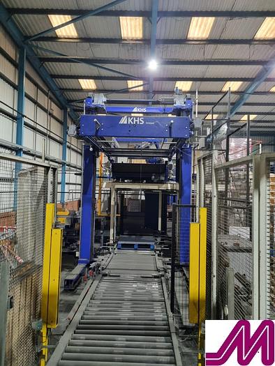 Used 2008 KHS Glass Bottle Palletiser with high level infeed conveyor Kuka KR40PA Robot & Robopac Helix Pallet Wrapper PBL1NRG1