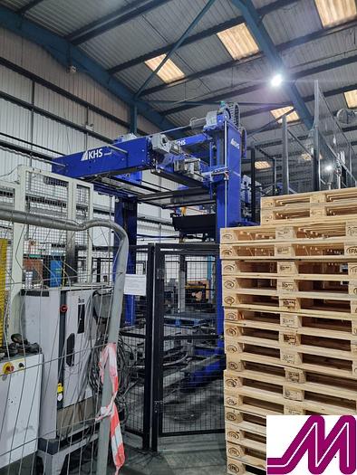 Used 2008 KHS Glass Bottle Palletiser with high level infeed conveyor Kuka KR40PA Robot & Robopac Helix Pallet Wrapper PBL1NRG1