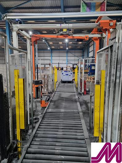 Used 2008 KHS Glass Bottle Palletiser with high level infeed conveyor Kuka KR40PA Robot & Robopac Helix Pallet Wrapper PBL1NRG1