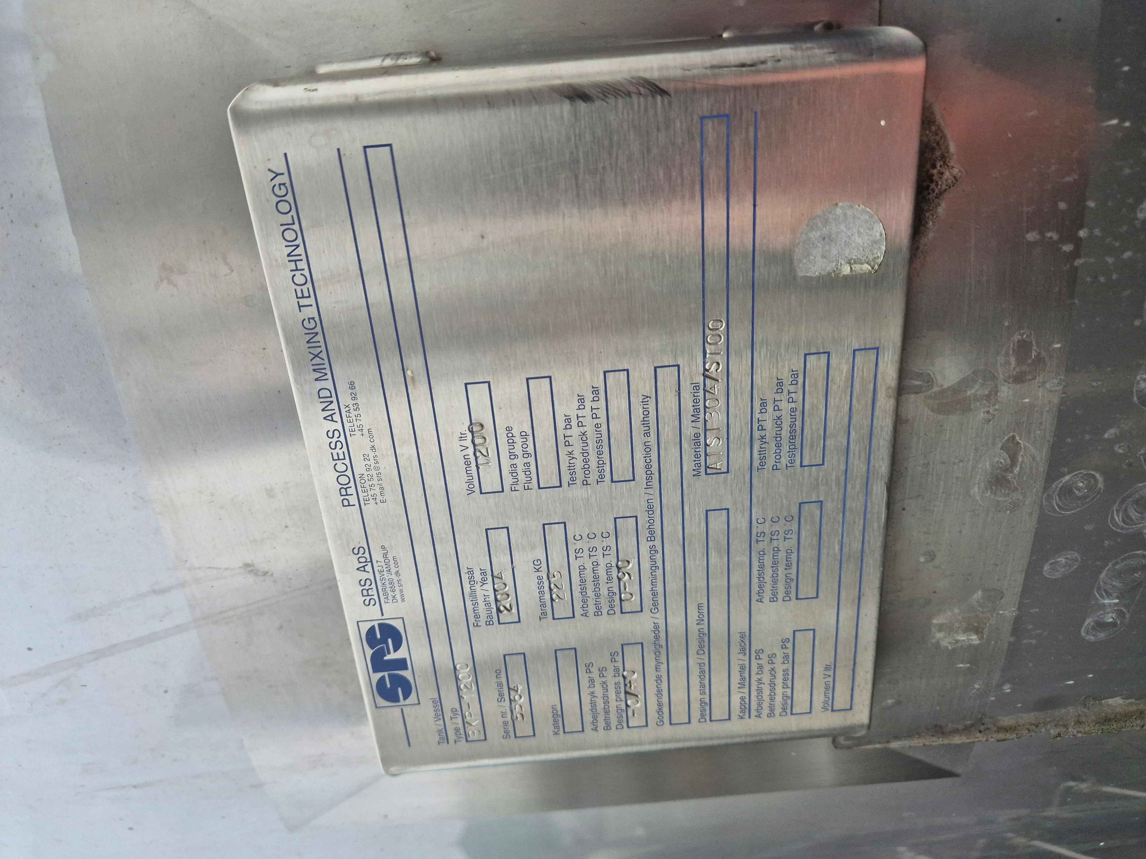 Used 2004 SRS MIx Technology 1200 Litre Stainless Steel Single Skin Mix Tank