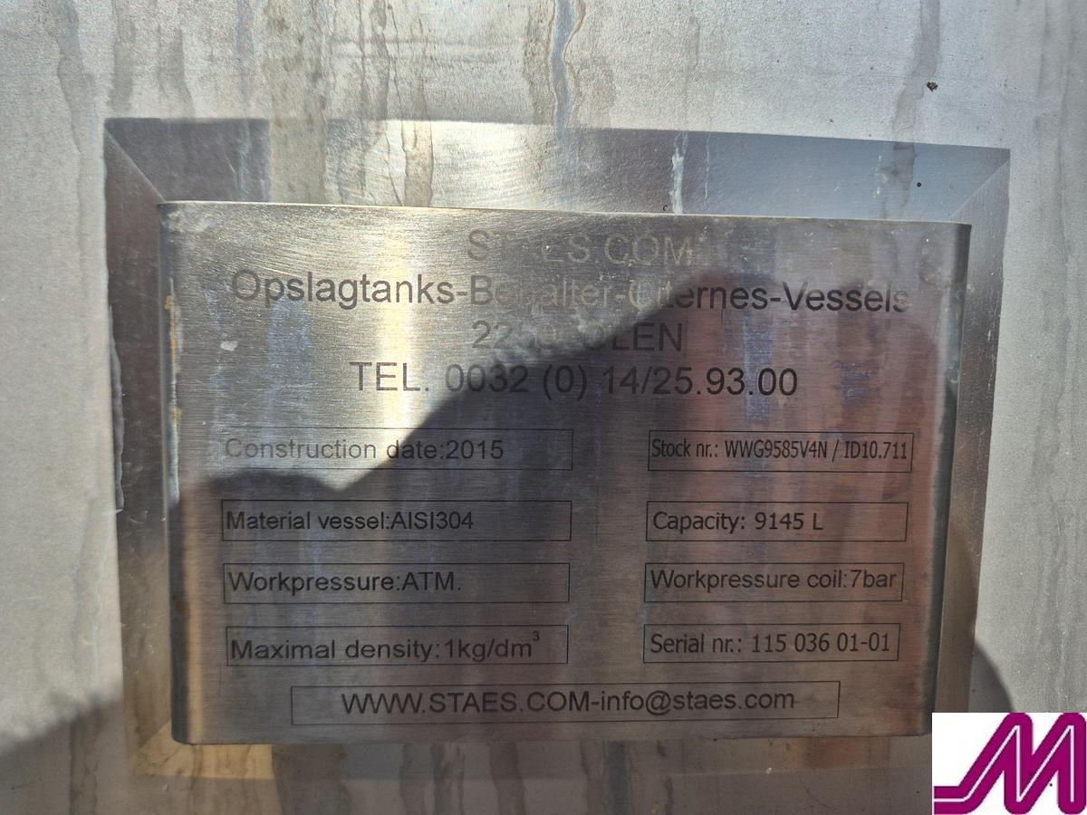 Used 2015 Staes 9,145 Litre Stainless Steel Hot Liquor Tank with Internal Coil
