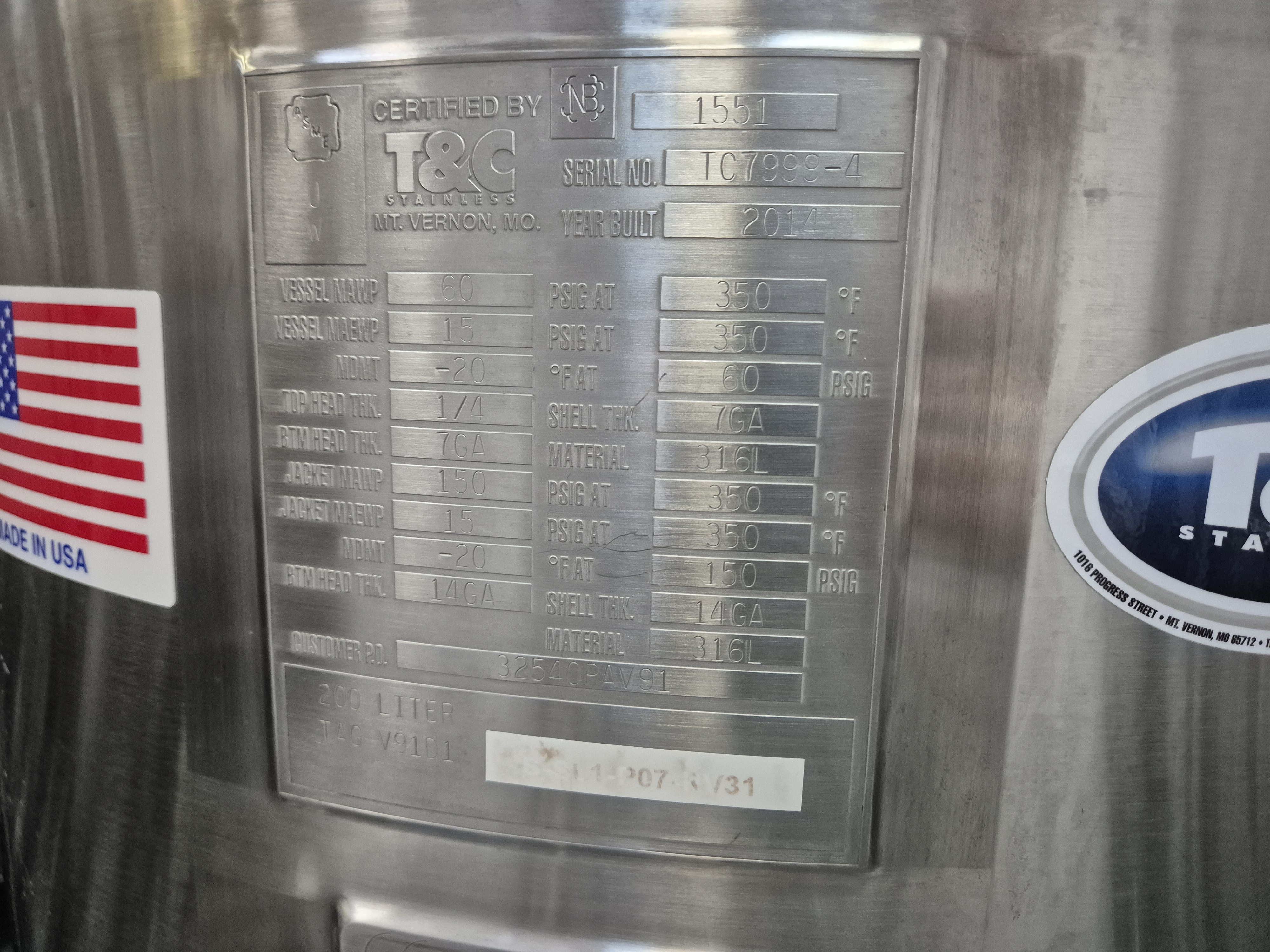 Used 2014 T&C Stainless 200 Litre Jacketed & Pressure Rated Transit Tank Pharmacutical Spec