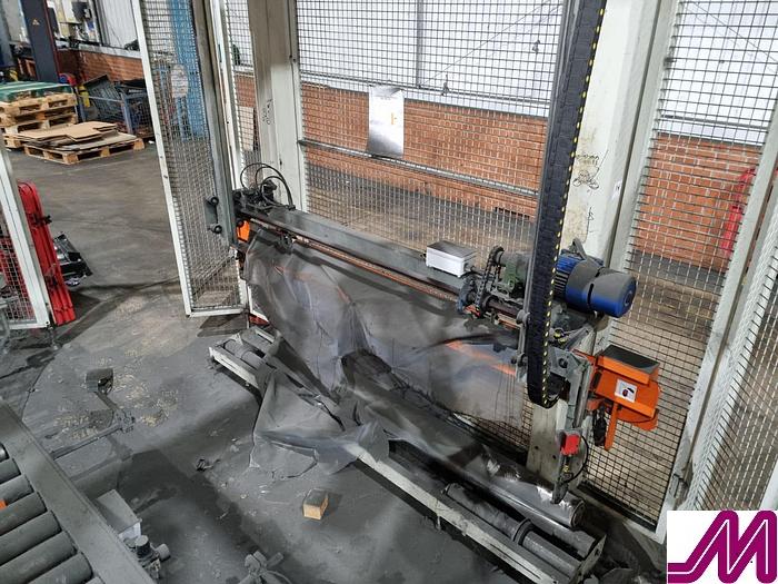 Used 2008 KHS Glass Bottle Palletiser with high level infeed conveyor Kuka KR40PA Robot & Robopac Helix Pallet Wrapper PBL1NRG1