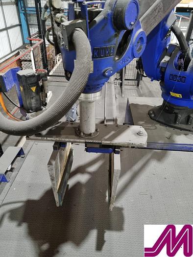 Used 2008 KHS Glass Bottle Palletiser with high level infeed conveyor Kuka KR40PA Robot & Robopac Helix Pallet Wrapper PBL1NRG1