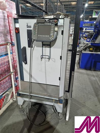 Used 2008 KHS Glass Bottle Palletiser with high level infeed conveyor Kuka KR40PA Robot & Robopac Helix Pallet Wrapper PBL1NRG1