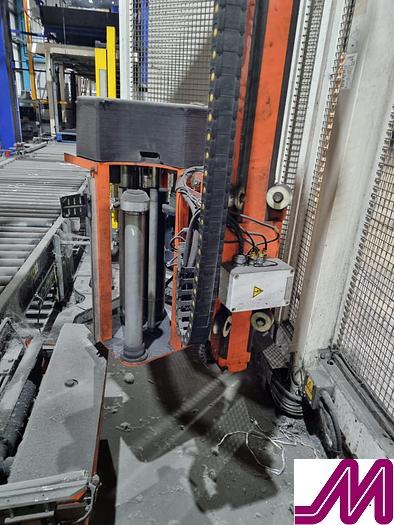 Used 2008 KHS Glass Bottle Palletiser with high level infeed conveyor Kuka KR40PA Robot & Robopac Helix Pallet Wrapper PBL1NRG1