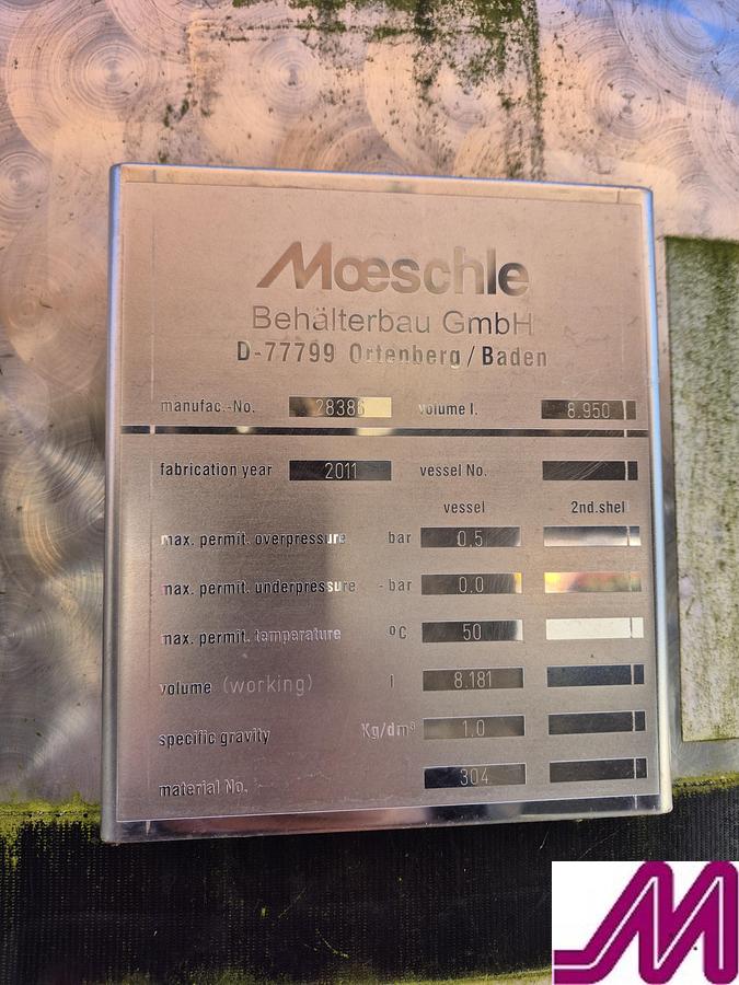 Used 2011 Moeschle 8,950 Litre Stainless Steel Single Skin Conditioning Tank