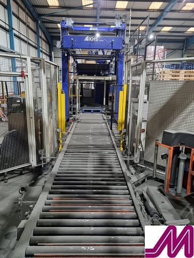 Used 2008 KHS Glass Bottle Palletiser with high level infeed conveyor Kuka KR40PA Robot & Robopac Helix Pallet Wrapper PBL1NRG1