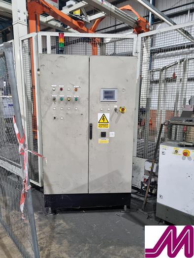 Used 2008 KHS Glass Bottle Palletiser with high level infeed conveyor Kuka KR40PA Robot & Robopac Helix Pallet Wrapper PBL1NRG1