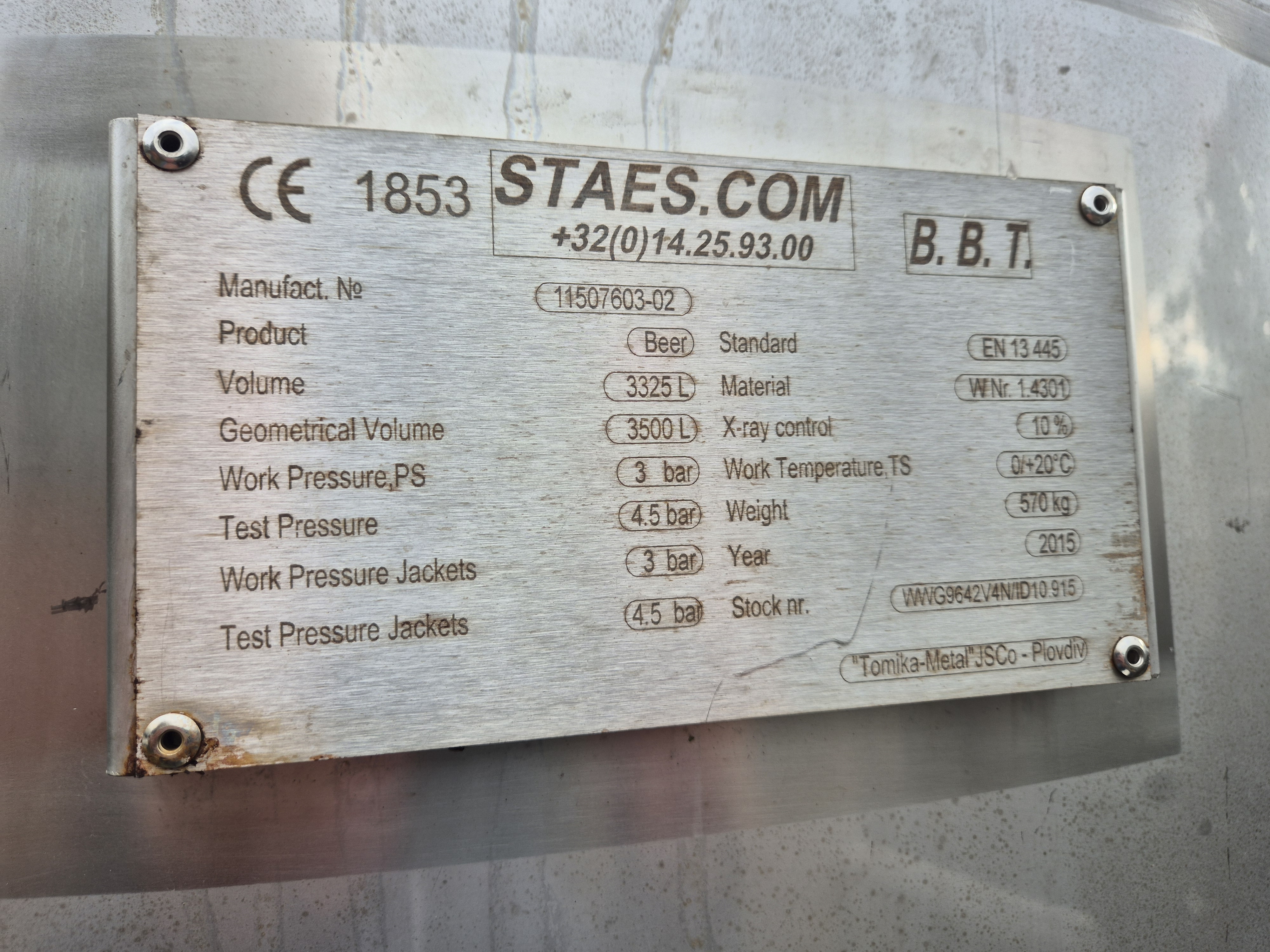 Used 2015 Staes 3,500 Litre Stainless Steel Jacketed Tank