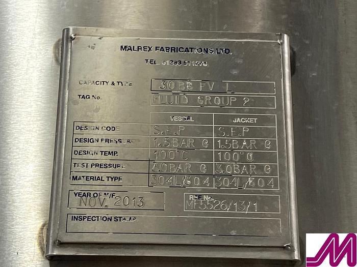Used 2013 Malrex 30BB FVL Stainless Steel Jacketed Fermentation Vessel Serial/Vin: