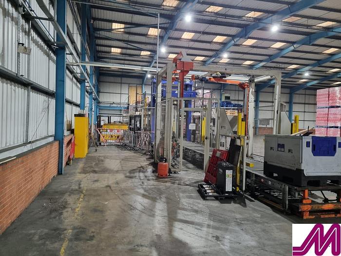 Used 2008 KHS Glass Bottle Palletiser with high level infeed conveyor Kuka KR40PA Robot & Robopac Helix Pallet Wrapper PBL1NRG1