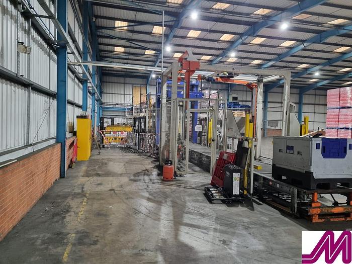 Used 2008 KHS Glass Bottle Palletiser with high level infeed conveyor Kuka KR40PA Robot & Robopac Helix Pallet Wrapper PBL1NRG1