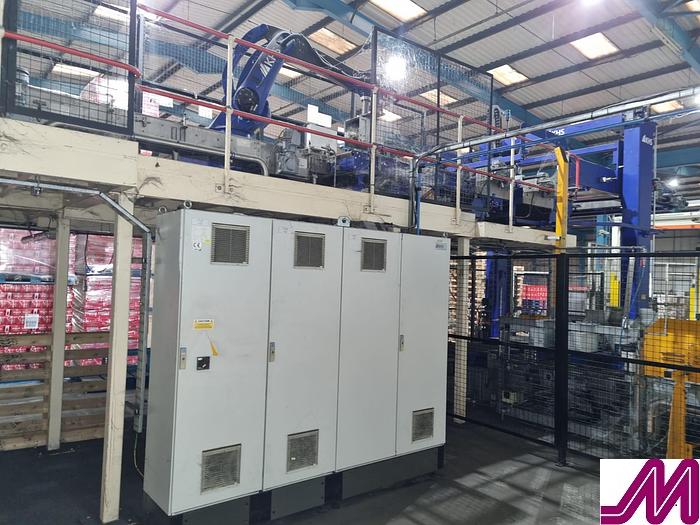 Used 2008 KHS Glass Bottle Palletiser with high level infeed conveyor Kuka KR40PA Robot & Robopac Helix Pallet Wrapper PBL1NRG1
