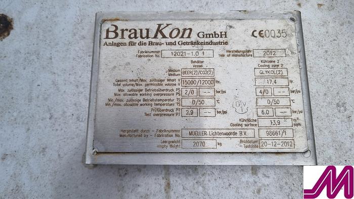 Used 2012 BrauKon 12,000 Litre Stainless Steel Cylindro Conical Jacketed Fermentation Vessel
