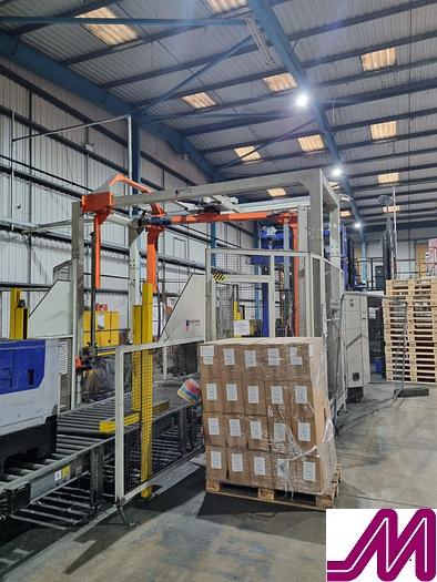 Used 2008 KHS Glass Bottle Palletiser with high level infeed conveyor Kuka KR40PA Robot & Robopac Helix Pallet Wrapper PBL1NRG1