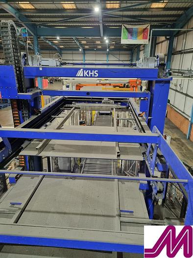 Used 2008 KHS Glass Bottle Palletiser with high level infeed conveyor Kuka KR40PA Robot & Robopac Helix Pallet Wrapper PBL1NRG1