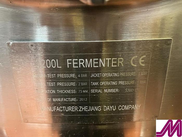 Used 2012 Zhejiang Dayu Zhejiang Dayu 3,200 Litre Jacketed Stainless Steel Fermentation Vessel