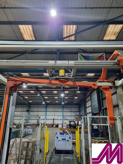 Used 2008 KHS Glass Bottle Palletiser with high level infeed conveyor Kuka KR40PA Robot & Robopac Helix Pallet Wrapper PBL1NRG1
