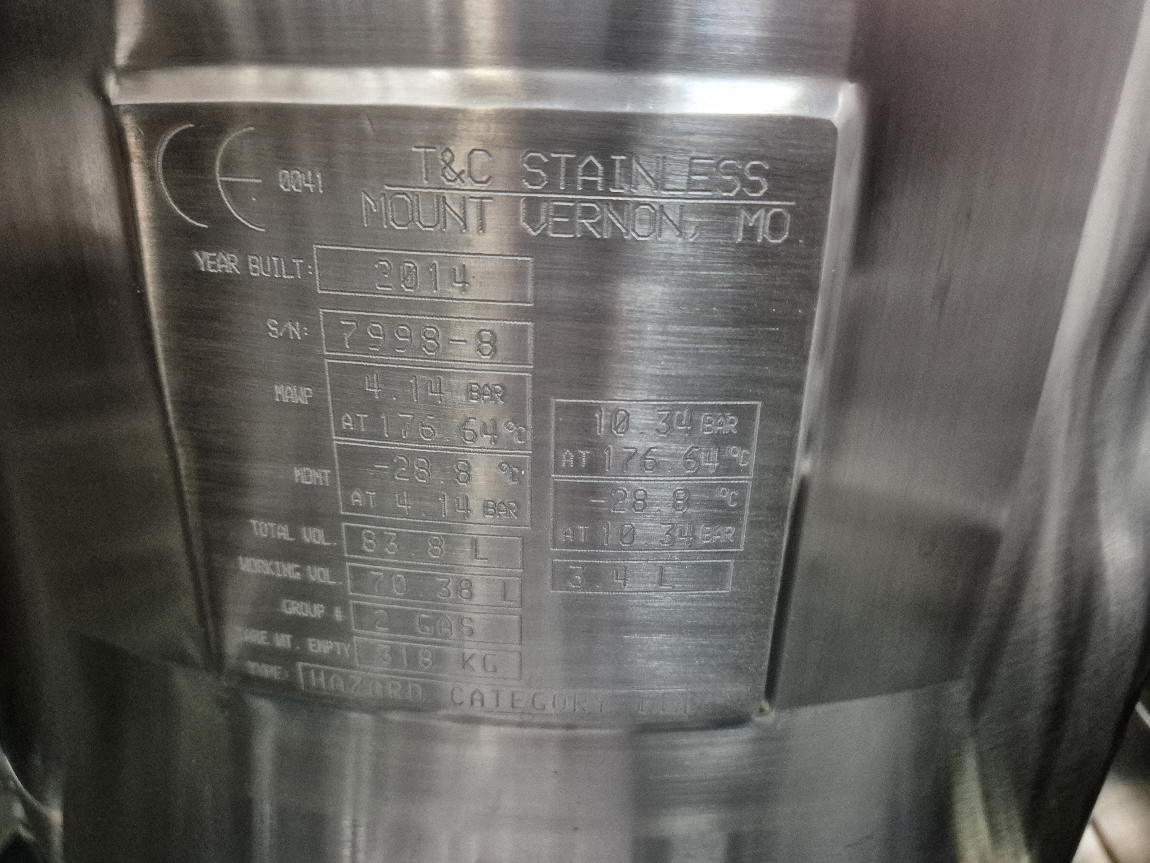 Used 2014 T&C Stainless 70 Litre Jacketed & Pressure Rated Transit Tank Pharmacutical Spec