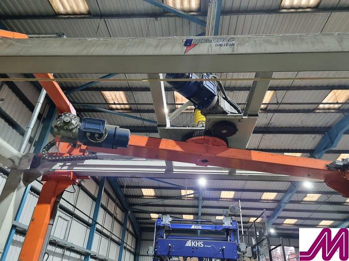 Used 2008 KHS Glass Bottle Palletiser with high level infeed conveyor Kuka KR40PA Robot & Robopac Helix Pallet Wrapper PBL1NRG1