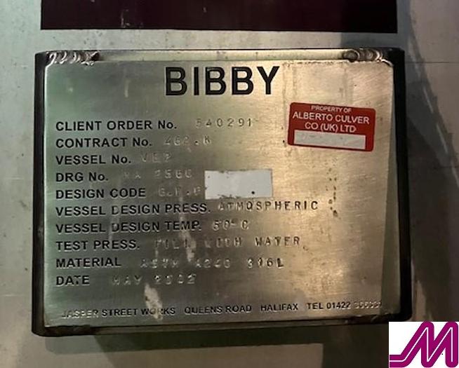 Used Bibby 30,000 Litre Stainless Steel Vertical Single Skin Tank